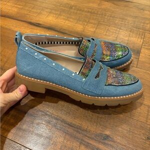 Betsey Johnson Women's Hallie Rhinestone Loafers Denim Rainbow Women’s 8.5